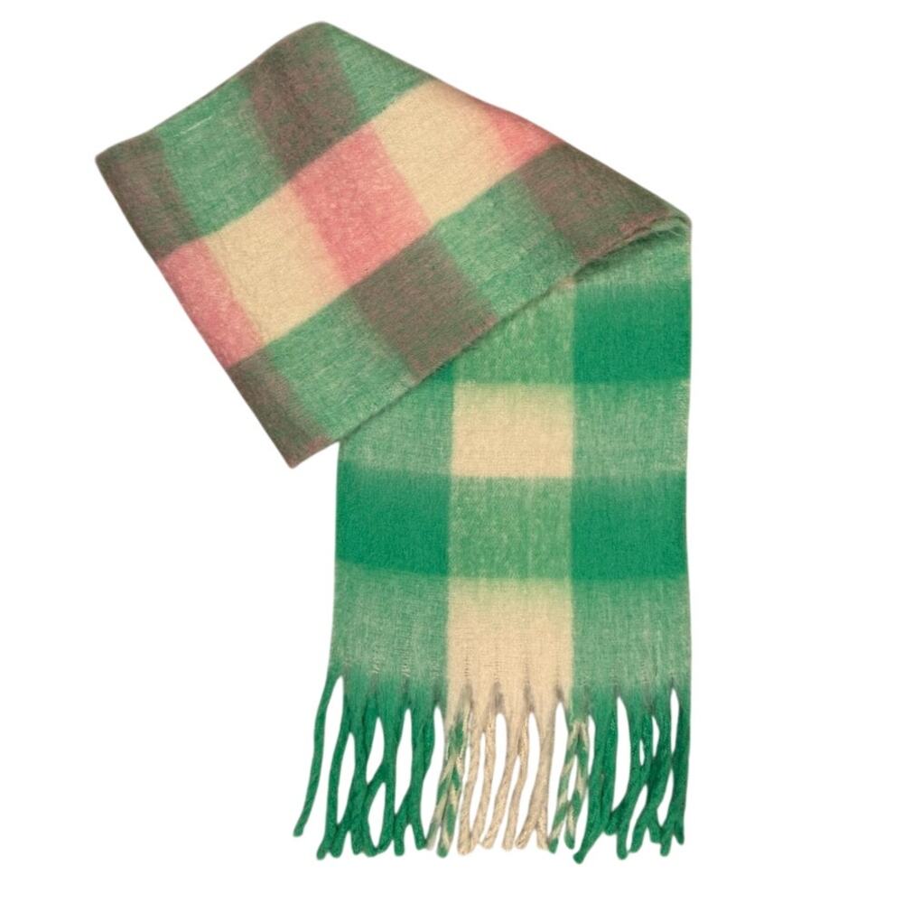 Bloomingdale’s Holiday Plaid Scarf Pastel Pink Green Check Fringe NWT
